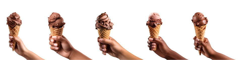 Collection of hand holding chocolate ice cream cone isolated on transparent background, PNG - Powered by Adobe