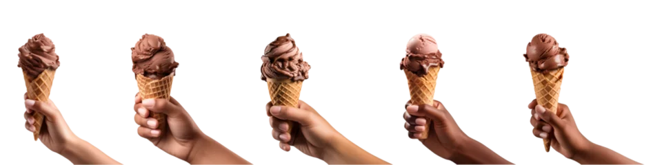 Foto auf Alu-Dibond Collection of hand holding chocolate ice cream cone isolated on transparent background, PNG © agungai