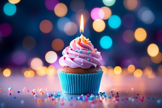 Photo Sweet celebration Birthday cupcake with burning candle on bokeh background