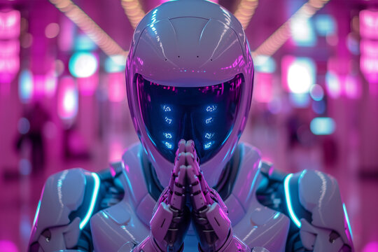 Futuristic robot with hands clasped in neon-lit environment Generative AI image