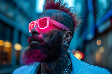 Trendy Man with Neon Pink Beard and Sunglasses at Dusk Generative AI image