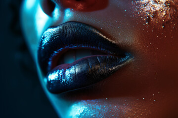 Artistic close-up of glossy blue lipstick on lips Generative AI image