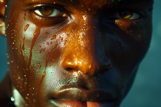 Intense portrait of a man with water drops on skin Generative AI image