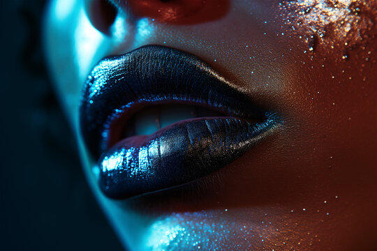Artistic close-up of glossy blue lipstick on lips Generative AI image