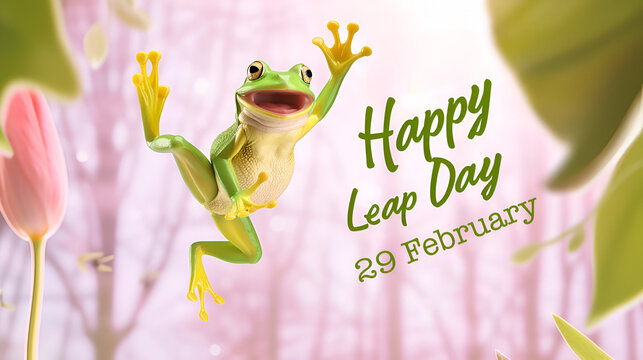 Happy green frog jumping on a pastel spring background with the text "Happy Leap Day". February 29th leap year day concept