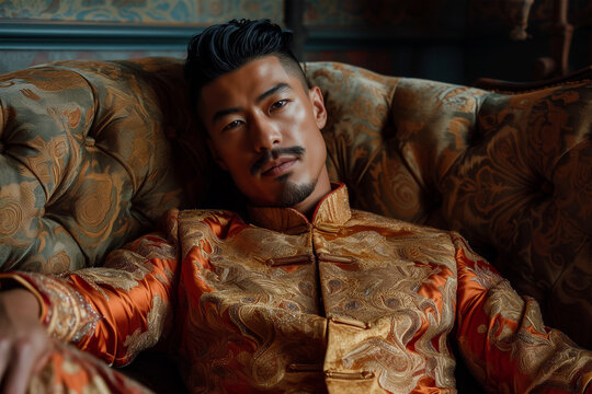 Elegant man in traditional Asian attire lounging on sofa Generative AI image