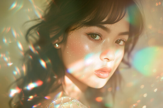 Enchanting Woman with Sparkling Light Reflections Generative AI image