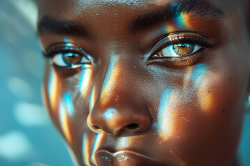 Captivating portrait of a woman with colorful light patterns Generative AI image