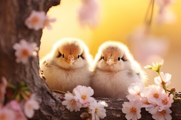 Two cute chicks sitting on a branch of a spring blossoming tree