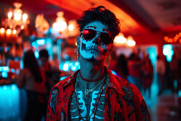 Man with skull makeup in a vibrant party scene Generative AI image