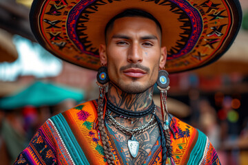 Traditional Mexican attire on a young man with tattoos Generative AI image