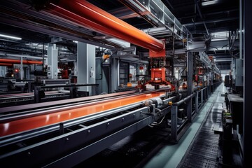 Intricate Conveyor Belt System in an Industrial Setting, Illuminated by Overhead Lights with a Background of Steel Structures and Piping