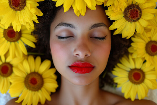 Woman adorned with sunflowers in serene pose Generative AI image