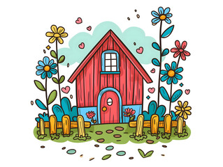 Illustration of a wooden house with a fence and flowers in hand-drawn style on a white background for a greeting card