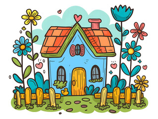 Illustration of a village house with fencing and plants in hand drawn style on a white background for a greeting card