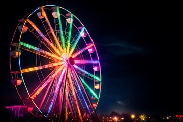 Nighttime spectacle Colourful Ferris wheel illuminates the beautiful night sky