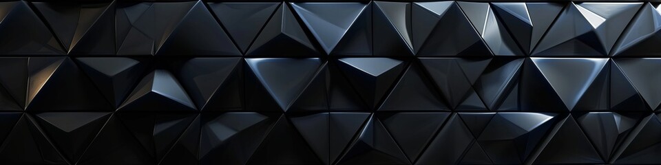 Dark geometric wall with glossy triangle tiles, creating a mirror effect.