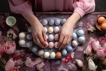 top view of woman hands painting Easter eggs