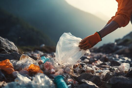 Person cleaning up plastic pollution in the environment Generative AI image
