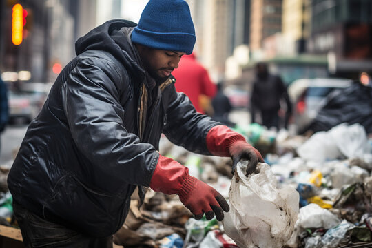 Man sorting through garbage on urban street Generative AI image