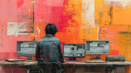 Creative professional working amidst vibrant abstract art Generative AI image
