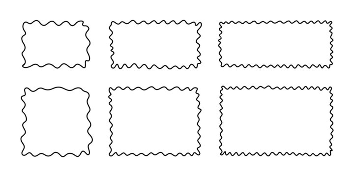 Doodle wave curve edge frame. Hand drawn wavy rectangle borders. Brush drawn squares
