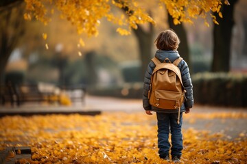 Autumn wanderlust Little boy with backpack strolls through park