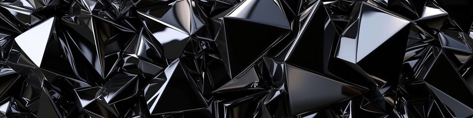 Enigmatic 3D wall of black obsidian, with a mirror-like gloss and angular facets, creating an illusion of endless depth.
