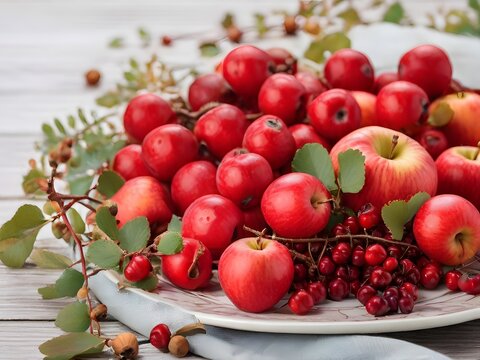 Autumn still life with red apples and rowan berries on dark background. AI Generated