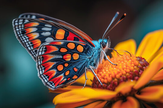 Vibrant butterfly perching on an orange flower Generative AI image