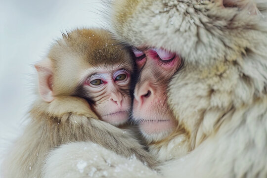 Snow monkey mother cuddling with her baby Generative AI image