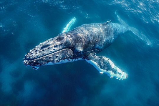 Majestic humpback whale swimming in the deep blue sea Generative AI image