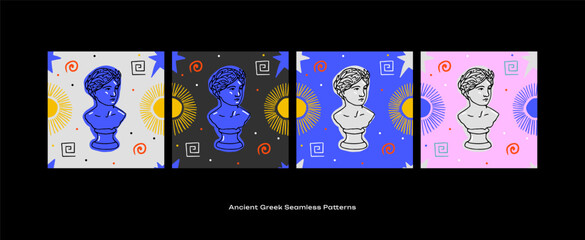 Ancient Greek Hand drawn Seamless Pattern Set with sculptures