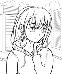 Black and white anime illustration with a girl on a city background in the style of a coloring book for children