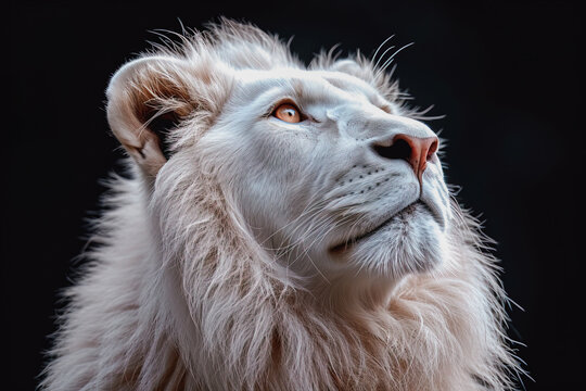 Majestic white lion gazing upwards with awe Generative AI image