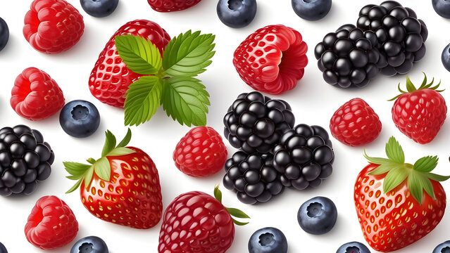 strawberries raspberries blueberries and blackberries on a white isolated background. blackberry 