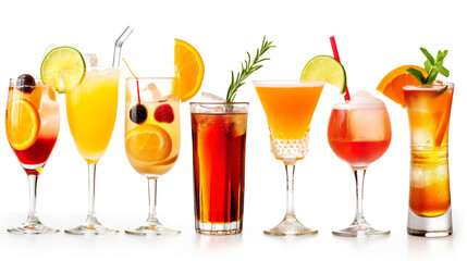 Assortment of colorful cocktails isolated on white background for cocktail party