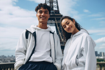 Young asian pair of athletes Olympians from the national team pose against the Eiffel Tower.Paris Olympics 2024.