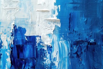 Abstract modern contemporary art banner background. Blue and white oil painting on canvas. Fragment of artwork. Oil brushstroke, pallet knife paint on canvas