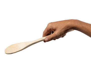 Black male hand holding a wooden cooking spoon on white background.