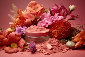 Obraz na płótnie Canvas blush. cosmetic blush with flowers on pink background