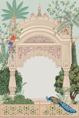 Mughal garden with temple, palace, parrot, peacock, tree illustration for invitation - obrazy, fototapety, plakaty