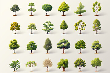 Set of tree icons isolated on white background. 3d illustration.