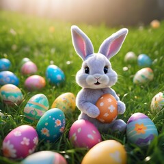 Fototapeta na wymiar art Little Easter bunny and Easter eggs on green grass