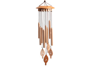a wind chime with wooden sticks and leaves