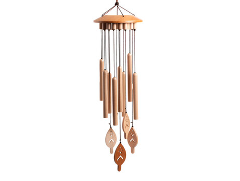 a wind chime with wooden sticks and leaves