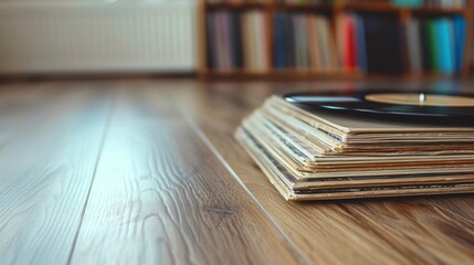 A stack of vinyl records on the wooden floor. - obrazy, fototapety, plakaty