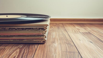 Naklejka premium A stack of vinyl records on the wooden floor.