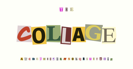 Collage font colorful cutout letters, cut pieces paper alphabet for engaging children logos, playful school banners, vibrant preschool crafts, decorative magazine-inspired typography. Vector typeset