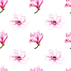 Watercolor magnolia flowers hand drawn seamless pattern.
